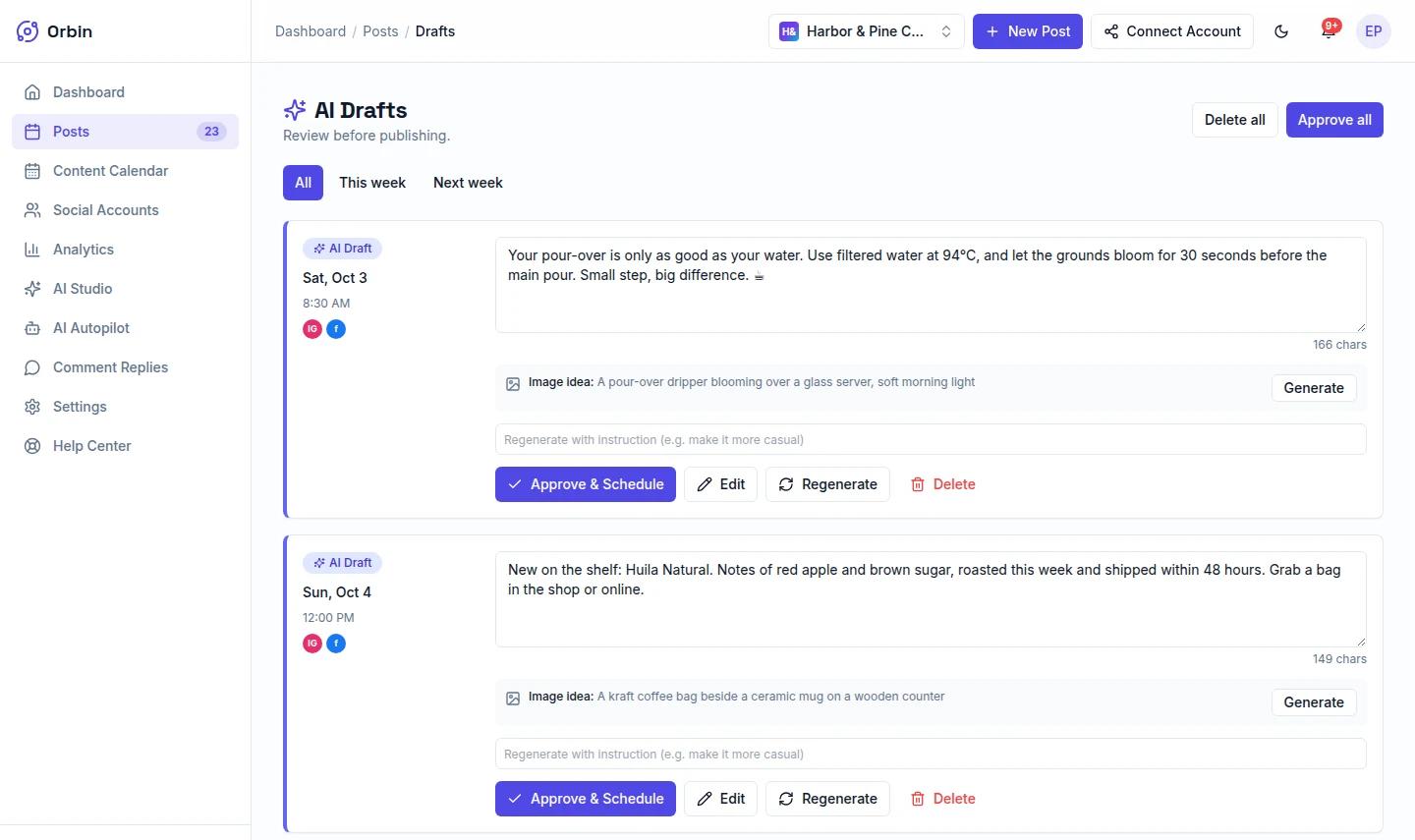 Orbin AI Drafts review page showing two AI-written post drafts with scheduled times, an image idea, and Approve & Schedule, Edit, Regenerate and Delete buttons.