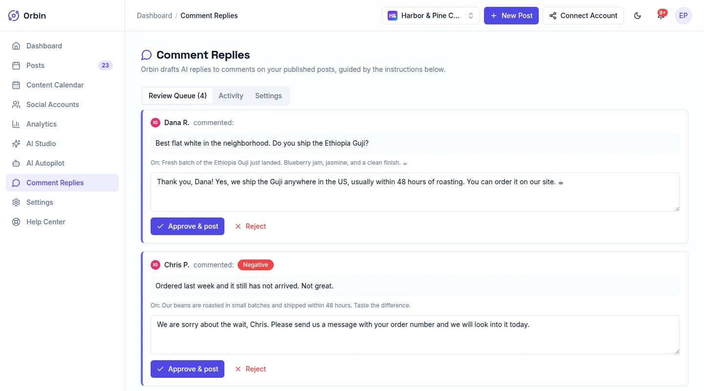 Orbin Comment Replies review queue showing two Instagram comments with AI-drafted replies, one flagged Negative, each with Approve and post and Reject buttons.