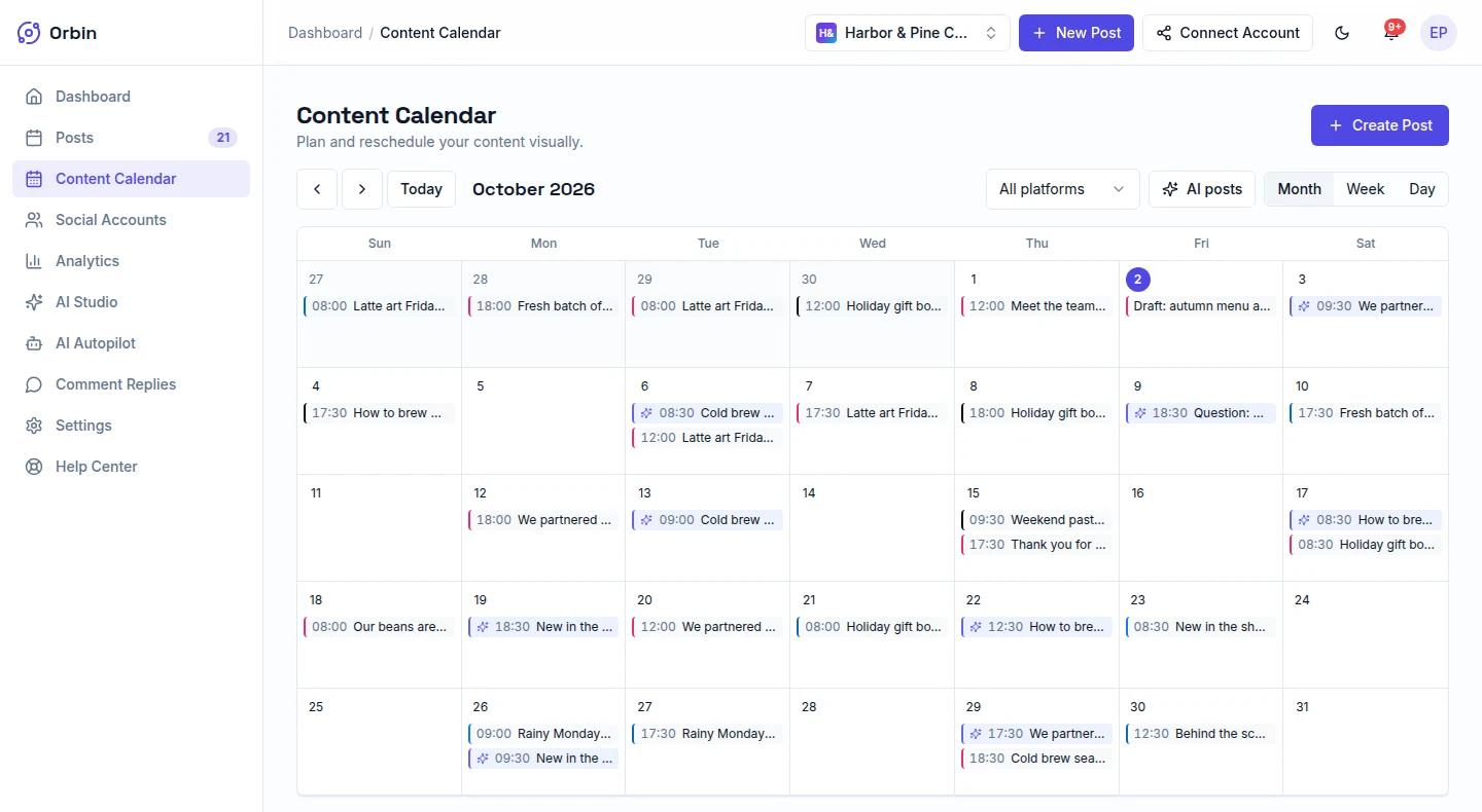 Orbin month calendar for October showing scheduled posts on each day, with AI-written posts marked by a sparkle icon.