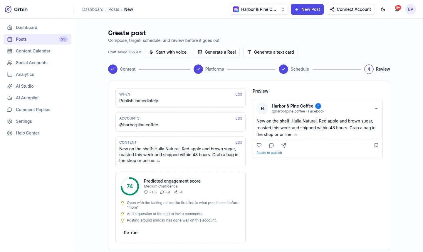 Orbin post review step showing a predicted engagement score of 74 with estimated likes, comments and shares and three suggestions to improve the post, beside a Facebook preview.