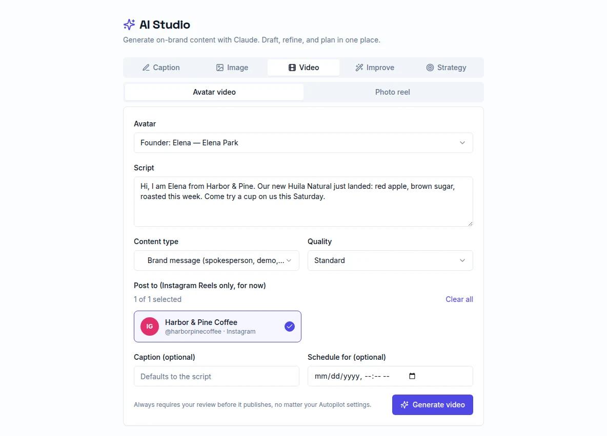 Orbin AI Studio avatar video form with an avatar chosen, a script, a content type, a quality setting and an Instagram account selected, with a note that every video needs review before it publishes.